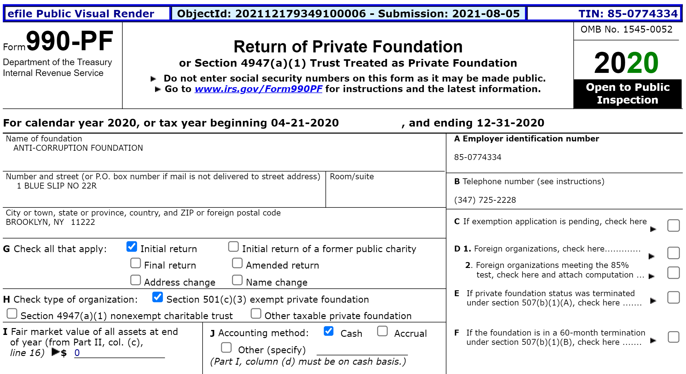 Скриншот отчёта&nbsp;“Anti Corruption Foundation Inc“ за 2020 год