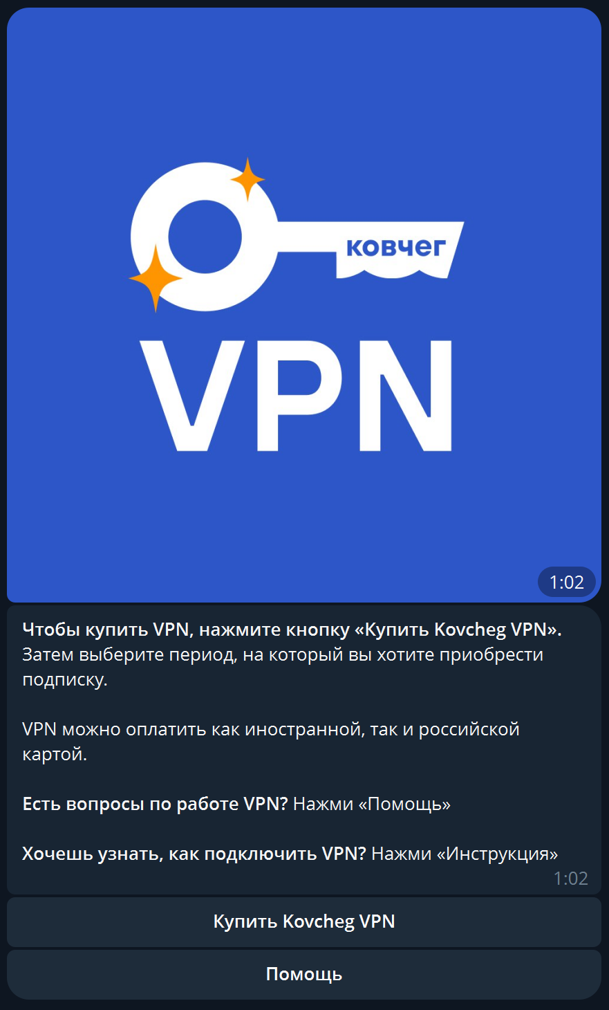 Скриншот телеграм-бота для покупки VPN от&nbsp;«Ковчега»