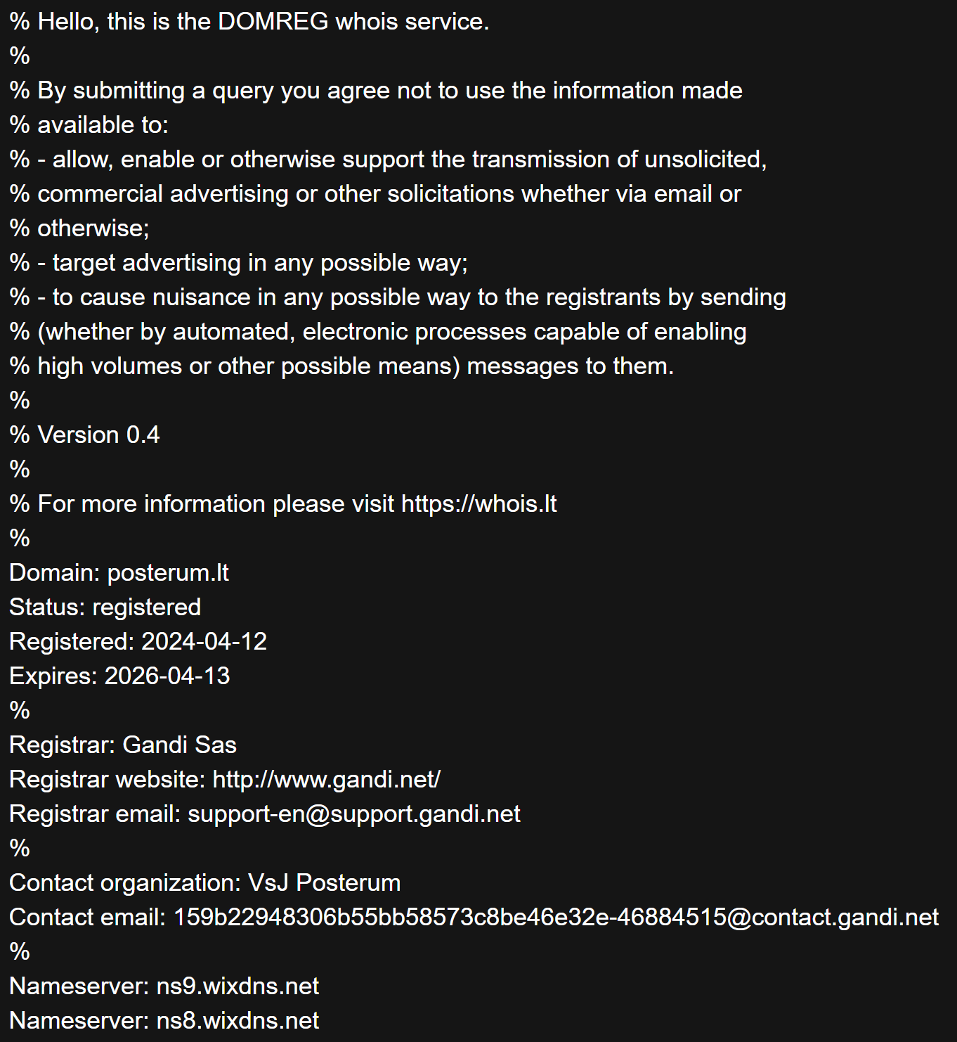 WHOIS данные сайта&nbsp;posterum.lt